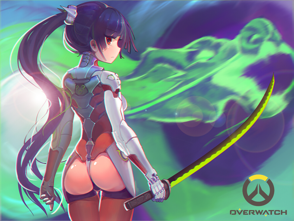 1girl armor ass bangs blue_hair blunt_bangs bodysuit breasts brown_legwear copyright_name cowboy_shot cyborg dragon eastern_dragon from_behind genderswap genderswap_(mtf) genji_(overwatch) holding holding_sword holding_weapon katana long_hair looking_at_viewer looking_back no_headwear no_helmet overwatch panties ponytail power_armor red_eyes sidelocks solo sword thigh-highs thong thong_panties underwear very_long_hair weapon