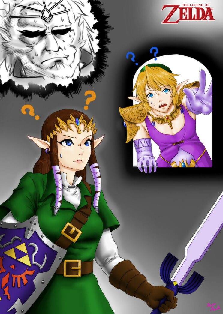 1girl 2boys ? blonde_hair blue_eyes breasts brown_hair copyright_name cosplay costume_switch crossdressinging dress earrings ganondorf jazzjack jewelry link long_hair master_sword medium_breasts multiple_boys nintendo pointy_ears princess_zelda role_reversal shield short_hair sweat the_legend_of_zelda the_legend_of_zelda:_ocarina_of_time the_legend_of_zelda:_twilight_princess