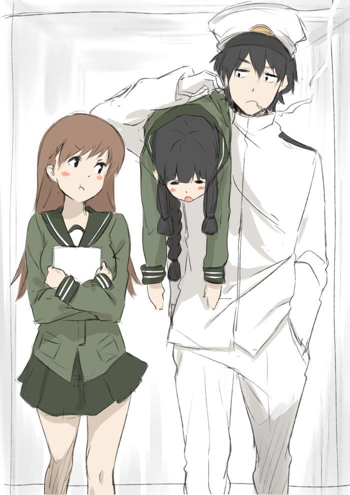 &gt;:t 1boy 2girls :o :t =_= admiral_(kantai_collection) arm_up bangs black_hair blunt_bangs blush braid breasts brown_eyes brown_hair carrying carrying_over_shoulder cigarette closed_eyes gloves green_skirt hand_in_pocket hat isshiki_(ffmania7) kantai_collection kitakami_(kantai_collection) large_breasts long_hair looking_to_the_side lying military military_uniform multiple_girls object_hug on_stomach ooi_(kantai_collection) peaked_cap pleated_skirt school_uniform serafuku short_hair single_braid skirt smoke smoking uniform white_background white_gloves