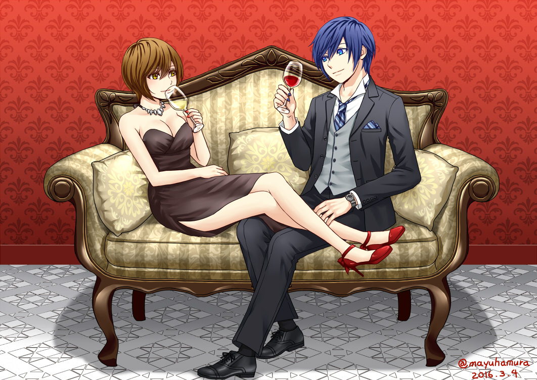 1boy 1girl 2016 alcohol alternate_costume arm bare_arms bare_legs bare_shoulders black_dress breasts brown_eyes brown_hair cleavage couch couple cup dated dress drink drinking_glass eye_contact formal full_body hair_between_eyes hamura_mayu high_heels highres holding jewelry kaito legs legs_crossed looking_at_another meiko nail_polish neck necklace necktie pants shoes short_hair side_slit sitting smile strapless strapless_dress suit twitter_username vest vocaloid watch wine wine_glass yellow_eyes