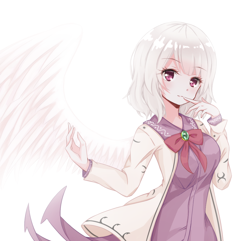 1girl arm_up bangs breasts brooch cowboy_shot dress emerald_(gemstone) eyebrows_visible_through_hair feathered_wings finger_to_mouth jacket jewelry kishin_sagume long_sleeves looking_at_viewer medium_breasts open_clothes open_jacket parted_lips purple_dress red_ribbon ribbon shanghaidoll shiny shiny_hair short_hair silver_hair simple_background single_wing solo touhou violet_eyes white_background white_jacket wings