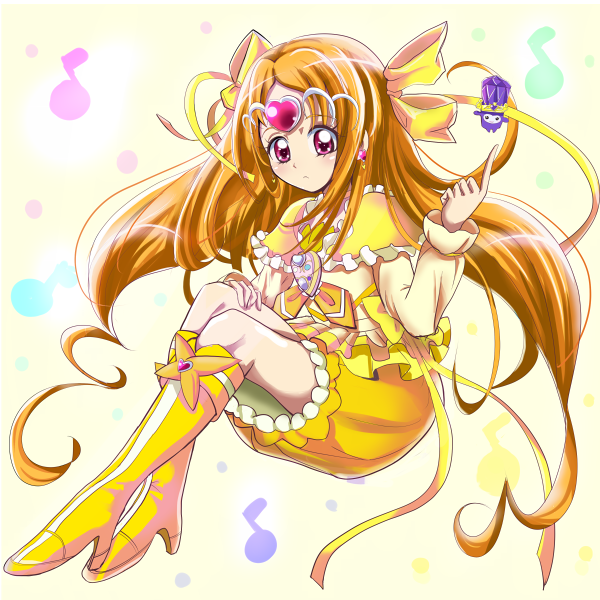 1girl aitaso boots bow brooch brown_hair bubble_skirt circlet cure_muse cure_muse_(yellow) dodory earrings fairy_tone frills hair_bow headband heart jewelry knee_boots long_hair looking_at_viewer magical_girl musical_note precure red_eyes shirabe_ako skirt solo suite_precure yellow_boots yellow_bow yellow_skirt