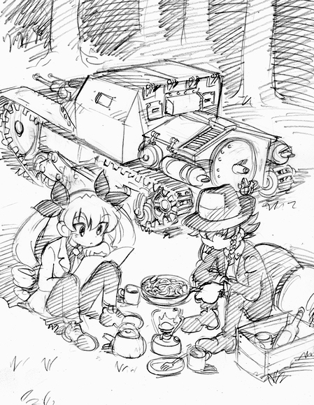 2girls alternate_costume anchovy arsene_lupin_iii arsene_lupin_iii_(cosplay) asari_yoshitoo bottle bow box braid camping carro_veloce_cv-33 cigarette cooking cosplay covered_eyes cup drill_hair fedora fire food forest fork frying_pan girls_und_panzer grass greyscale ground_vehicle hair_bow hair_over_eyes halogen15 hand_on_own_chin hat head_rest jigen_daisuke jigen_daisuke_(cosplay) lupin_iii map mess_kit military military_vehicle monochrome motor_vehicle mug multiple_girls nature necktie night parody pasta pepperoni_(girls_und_panzer) side_braid single_braid sitting sketch smoking spaghetti suit_jacket tank teapot twin_drills wine_bottle