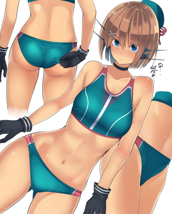 1girl adapted_costume adjusting_clothes adjusting_swimsuit aqua_bikini aqua_eyes ass bare_shoulders bikini black_gloves blue_eyes breasts brown_hair cafe_au_lait_(kafeore) dutch_angle gloves hair_between_eyes hair_ornament hat kantai_collection looking_at_viewer maya_(kantai_collection) medium_breasts midriff mini_hat multiple_views navel open_mouth remodel_(kantai_collection) short_hair sketch sports_bikini swimsuit thighs white_background x_hair_ornament