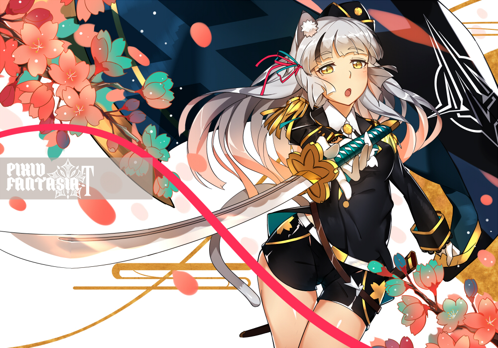 1girl animal_ears cat_ears cat_tail flower gloves hat katana long_hair looking_at_viewer lu" military military_hat military_uniform open_mouth original pixiv_fantasia pixiv_fantasia_t shorts silver_hair solo sword tail uniform weapon white_gloves yellow_eyes