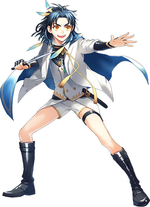 &gt;:d 1boy :d armor blue_hair boots cape feathers full_body hair_feathers japanese_armor male_focus official_art open_mouth personification shorts smile solo sword taikogane_sadamune tantou toichi_(ik07) touken_ranbu waistcoat weapon yellow_eyes