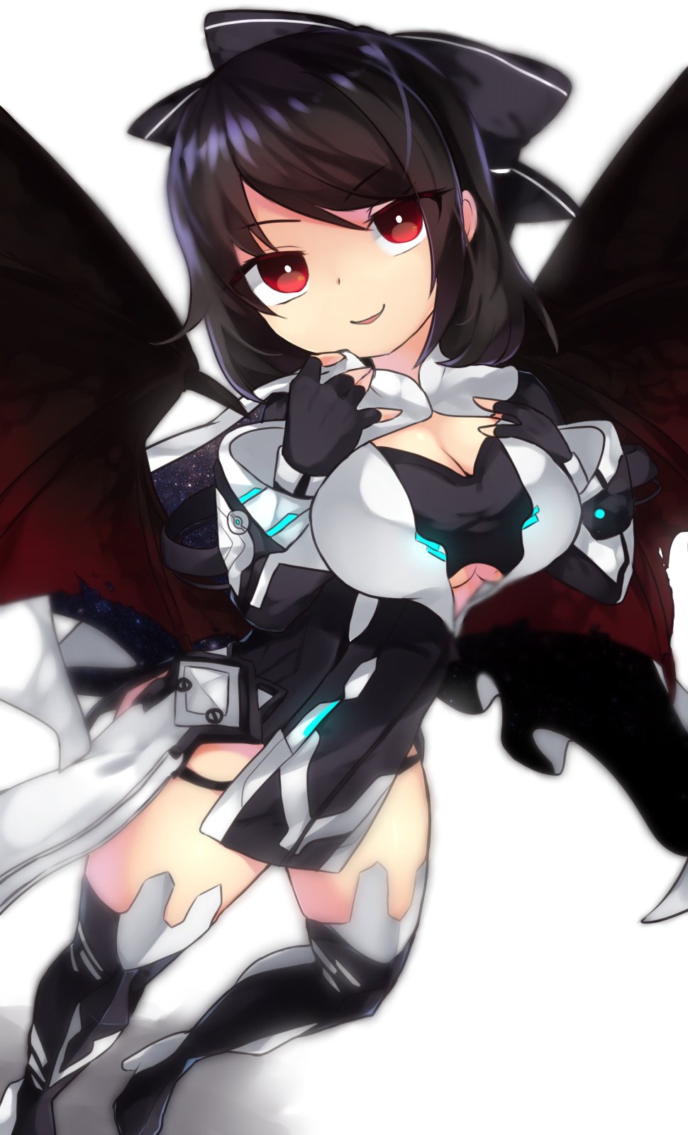 1girl alternate_costume black_hair boots bow breasts cape cleavage female fingerless_gloves gloves gradient gradient_background hair_bow highres long_hair mikomo0106 red_eyes reiuji_utsuho smile solo thigh-highs thigh_boots touhou under_boob white_background wings
