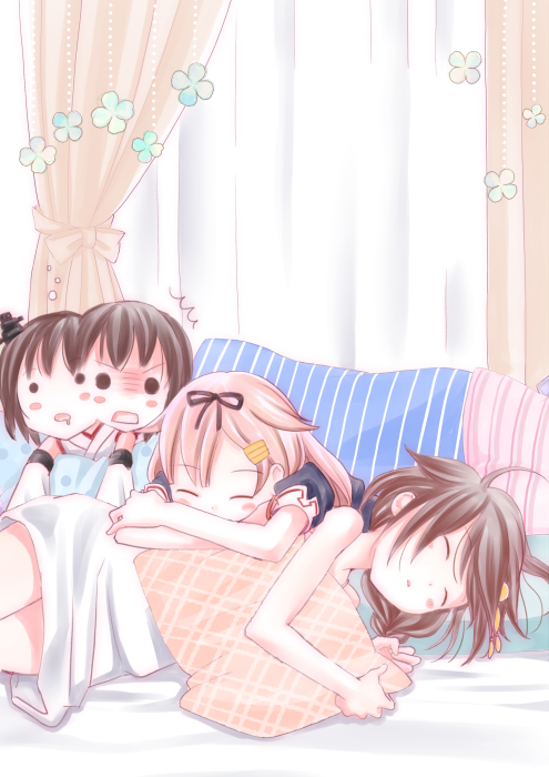 3girls awake bare_shoulders black_hair black_ribbon black_serafuku blonde_hair blush brown_hair closed_eyes curtains detached_sleeves dress drooling hair_ornament hair_ribbon hairclip headgear ishida_mia kantai_collection long_hair lying multiple_girls on_person on_side open_mouth pillow polka_dot_pillow remodel_(kantai_collection) ribbon school_uniform serafuku shigure_(kantai_collection) short_hair sleeping sleeveless sleeveless_dress solid_circle_eyes striped striped_pillow surprised vertical_stripes wide_sleeves yamashiro_(kantai_collection) yuudachi_(kantai_collection)