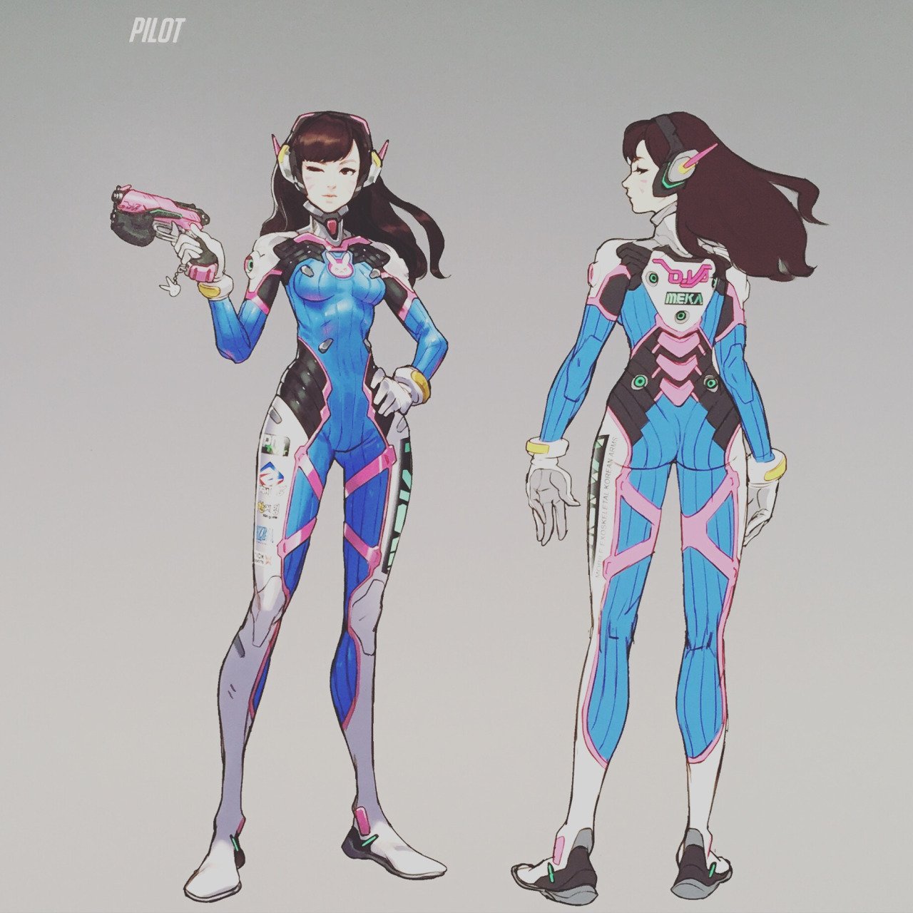 1girl armor ass bangs bodysuit boots breasts brown_eyes brown_hair character_name clothes_writing d.va_(overwatch) emblem facepaint facial_mark from_behind full_body gloves gun hand_on_hip handgun headphones high_collar highres holding holding_gun holding_weapon k_(sktchblg) logo long_hair looking_at_viewer looking_back mwo_imma_hwag one_eye_closed overwatch pilot_suit profile shoulder_pads small_breasts solo swept_bangs thigh-highs thigh_boots turtleneck weapon whisker_markings white_boots white_gloves