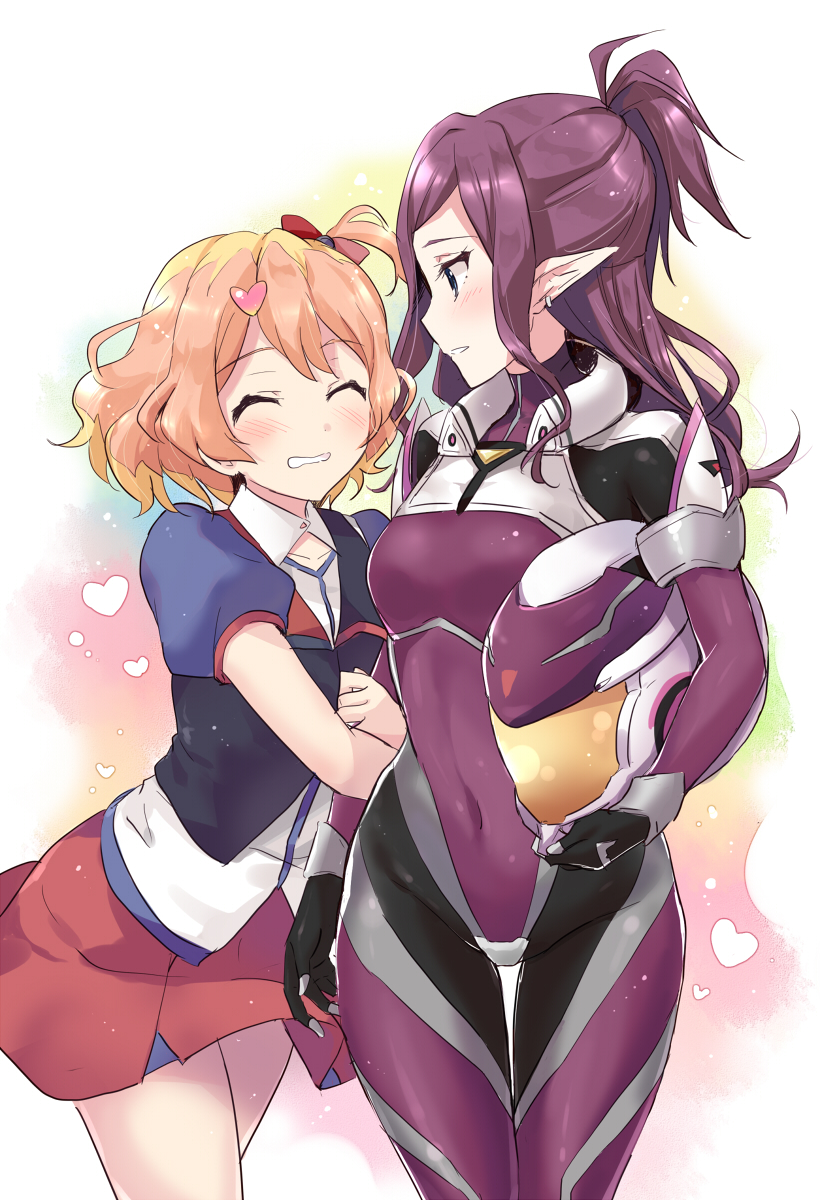 2girls arm_hug bare_legs blonde_hair blue_eyes blush bodysuit closed_eyes covered_navel detached_collar dress earrings female freyja_wion grin hair_ornament hair_ribbon heart height_difference helmet helmet_removed highres hug jewelry legs long_hair looking_at_another macross macross_delta mirage_farina_jenius multicolored_hair multiple_girls mutual_yuri oimo one_side_up orange_hair parted_lips pilot_suit pointy_ears ponytail profile puffy_sleeves purple_hair ribbon short_hair short_sleeves smile standing two-tone_hair yuri