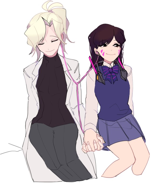 2girls black_sweater blonde_hair bow bowtie brown_hair closed_eyes cropped_legs d.va_(overwatch) earphones facial_mark hands_clasped hands_together headphones headphones_around_neck labcoat long_hair long_sleeves mercy_(overwatch) multiple_girls mwo_imma_hwag overwatch pants pleated_skirt ponytail purple_bow ribbed_sweater school_uniform shared_earphones shirt simple_background sitting skirt smile striped striped_bow striped_bowtie sweater turtleneck whisker_markings white_background yuri