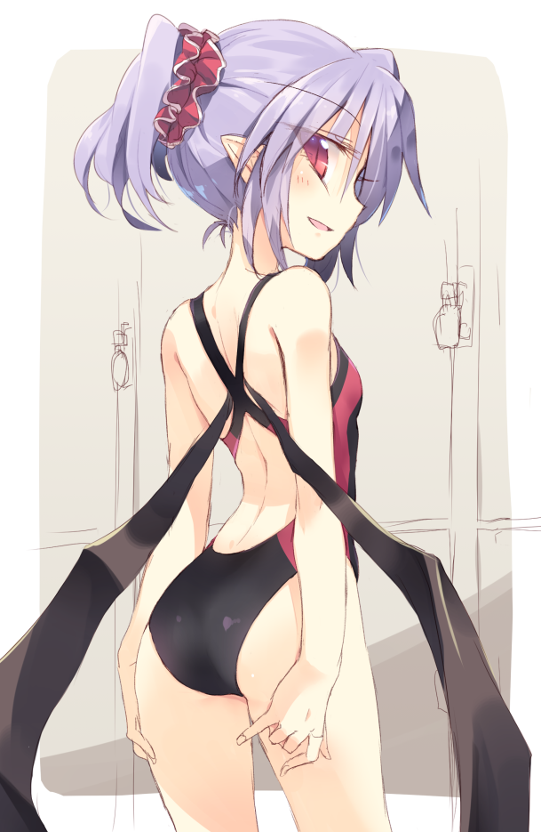 1girl alternate_hairstyle ass back bat_wings blush breasts competition_swimsuit lavender_hair locker_room looking_at_viewer looking_back one-piece_swimsuit open_mouth pointy_ears ponytail profile red_eyes remilia_scarlet satou_kibi scrunchie sketch small_breasts smile solo standing swimsuit touhou wings