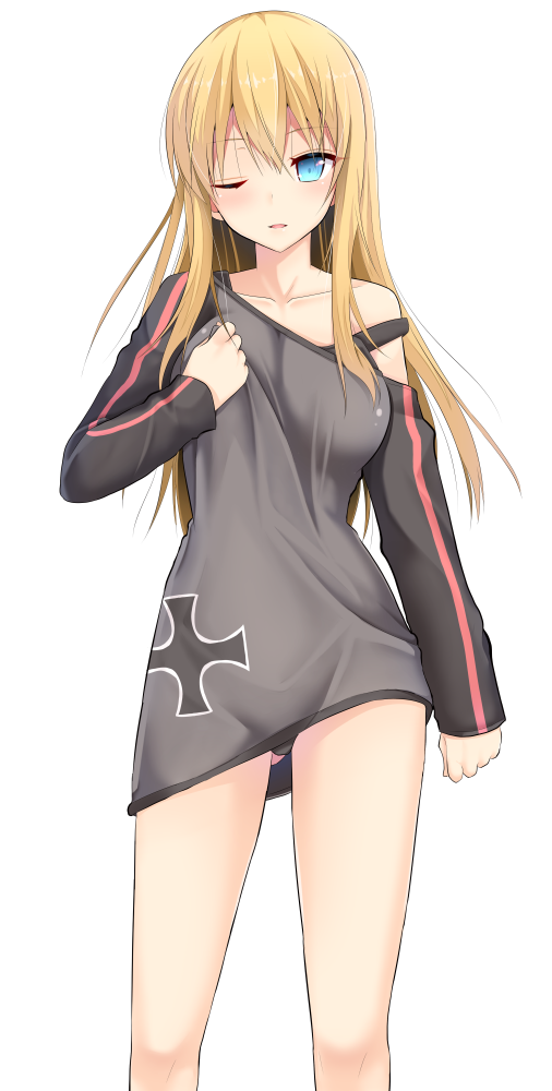 1girl ;d adapted_costume arm_at_side bare_legs bare_shoulders bismarck_(kantai_collection) black_panties blonde_hair blue_eyes blush collarbone dress grey_dress hand_on_own_chest iron_cross kantai_collection long_hair long_sleeves looking_at_viewer one_eye_closed open_mouth panties pantyshot pantyshot_(standing) simple_background smile solo standing strap_slip takeyuu tareme underwear white_background