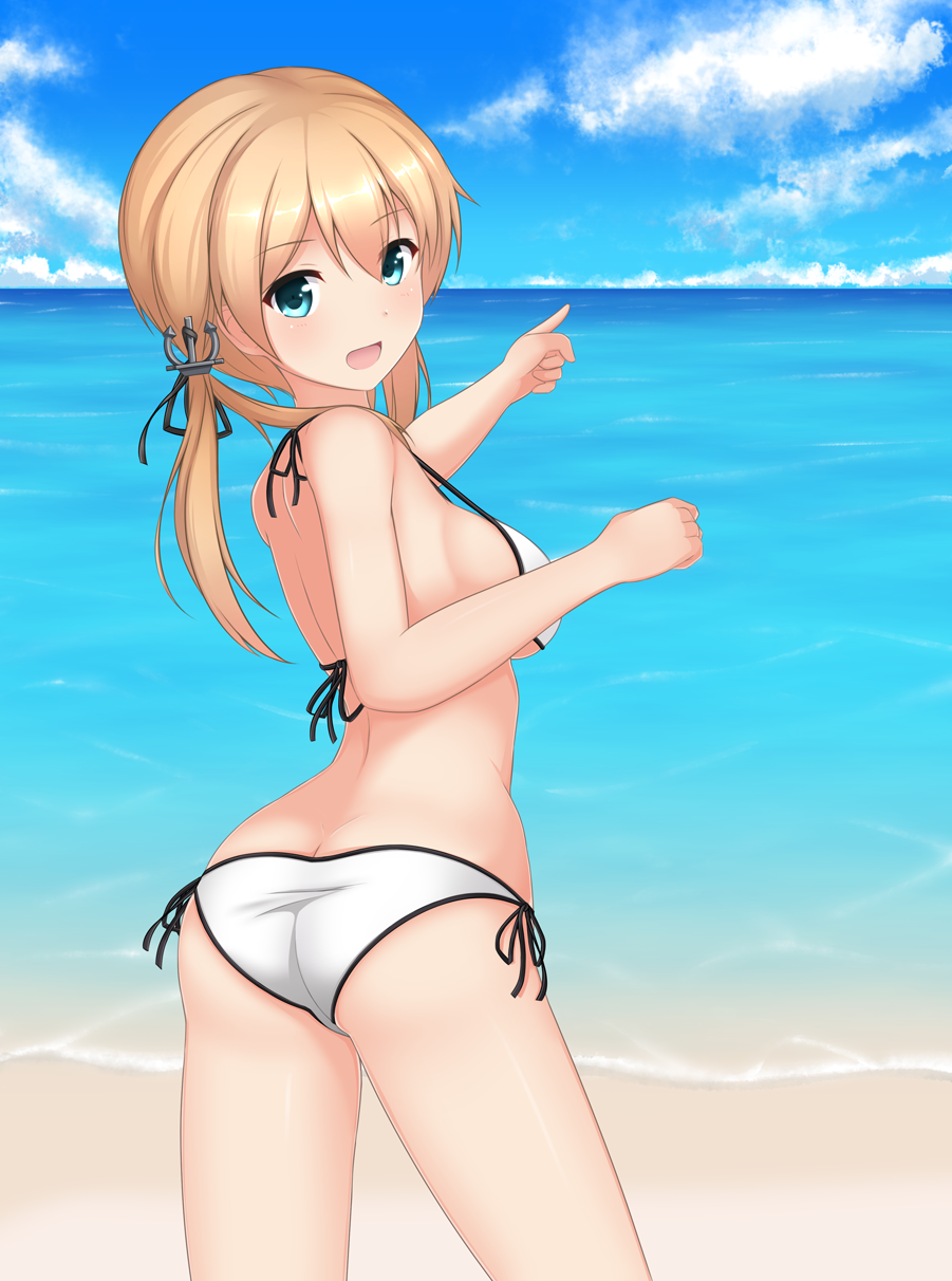 1girl :d anchor_hair_ornament aqua_eyes ass back bare_shoulders beach bikini black_ribbon blonde_hair blue_eyes blue_sky blush breasts butt_crack clouds coast eyebrows eyebrows_visible_through_hair from_behind hair_ornament hair_ribbon highres horizon kantai_collection large_breasts long_hair looking_at_viewer looking_back low_twintails ocean open_mouth outdoors pointing prinz_eugen_(kantai_collection) ribbon sana_(sauber0531) sand shore side-tie_bikini sideboob sky smile solo standing strap_gap swimsuit twintails water white_bikini