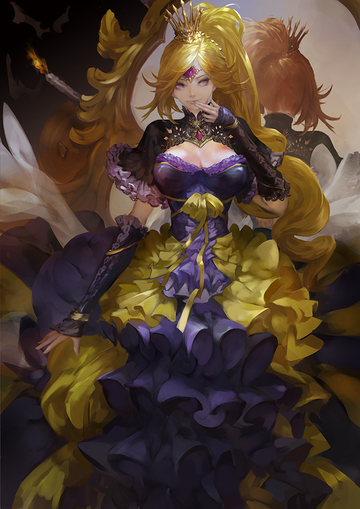 1girl blonde_hair breasts brown_eyes candle circlet cleavage crown dress dual_persona finger_to_mouth kali_(p&amp;d) large_breasts long_hair mirror puzzle_&amp;_dragons solo youshun_(naturaljuice)