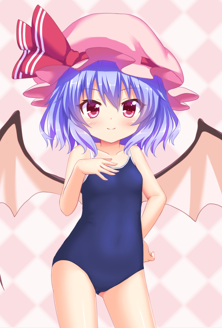 1girl bat_wings blue_hair child competition_school_swimsuit hakuto_(28syuku) hand_on_own_chest hat looking_at_viewer mob_cap one-piece_swimsuit red_eyes remilia_scarlet school_swimsuit shiny shiny_hair short_hair smile solo standing swimsuit touhou vampire wings