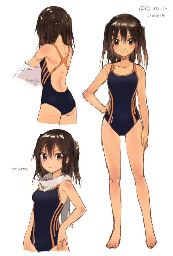 1girl 2016 arm_at_side artist_name ass bare_arms bare_legs bare_shoulders barefoot blush brown_eyes brown_hair closed_mouth collarbone competition_swimsuit cropped_legs dark_skin dated from_behind full_body hand_on_hip kantai_collection ko_ru_ri multiple_views one-piece_swimsuit scarf sendai_(kantai_collection) shirt shirt_removed short_hair short_twintails simple_background smile standing swimsuit tan twintails twitter_username undressing white_background white_scarf white_shirt