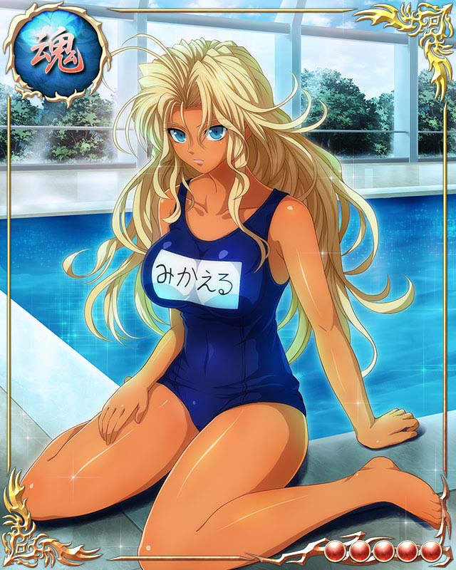 1girl bare_arms bare_legs barefoot bastard!! blonde_hair blue_eyes breasts card_(medium) covered_navel feet indoors large_breasts legs long_hair looking_at_viewer michael_(bastard!!) mobage pool serious sitting solo swimsuit thighs toes water wavy_hair