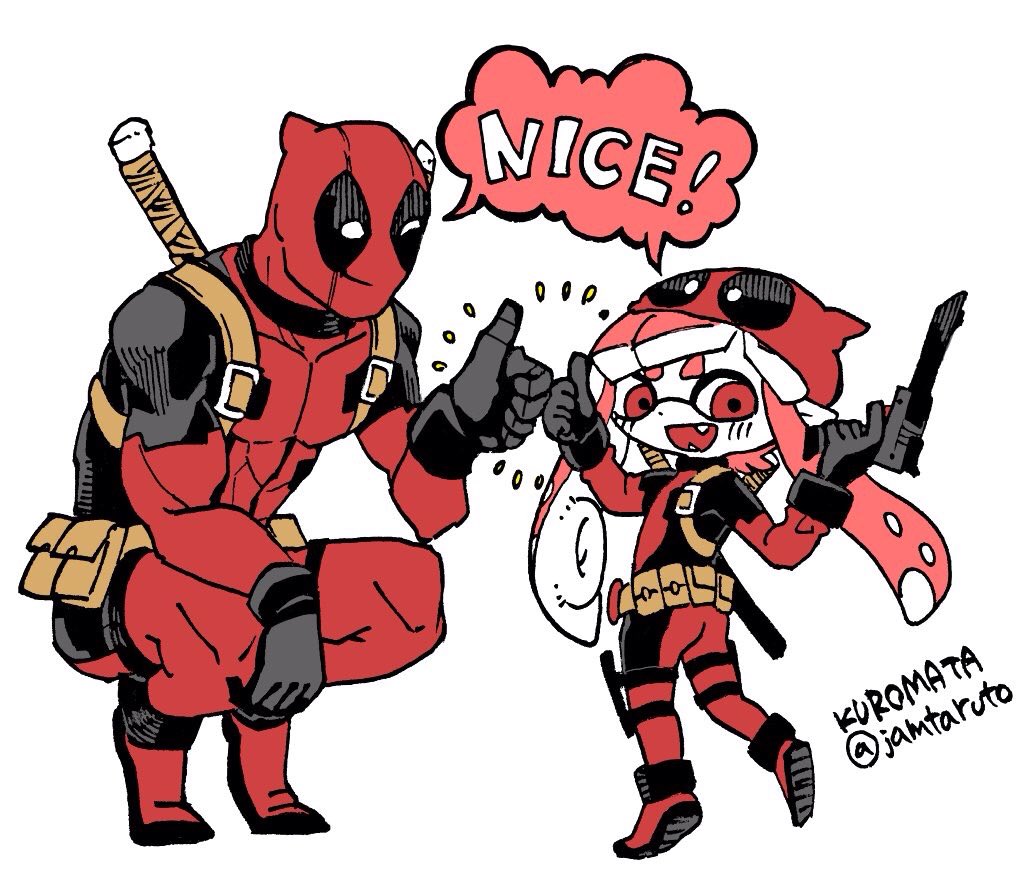 1boy 1girl cosplay crossover deadpool deadpool_(cosplay) domino_mask english eyebrows fangs inkling kuromata looking_at_viewer marvel mask monster_girl n-zap_(splatoon) parody simple_background smile splatoon sword tentacle tentacle_hair thick_eyebrows thumbs_up weapon white_background