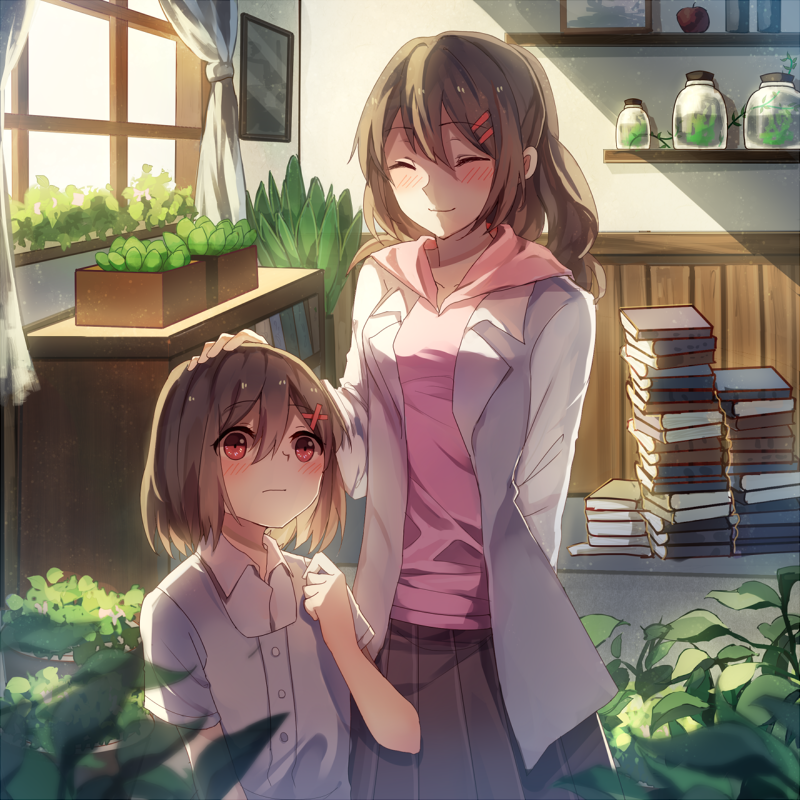 2girls black_skirt book brown_hair closed_eyes hair_ornament indoors kagerou_project long_hair mother_and_daughter multiple_girls petting pleated_skirt red_eyes short_hair skirt tateyama_ayaka tateyama_ayano x_hair_ornament you_hashira