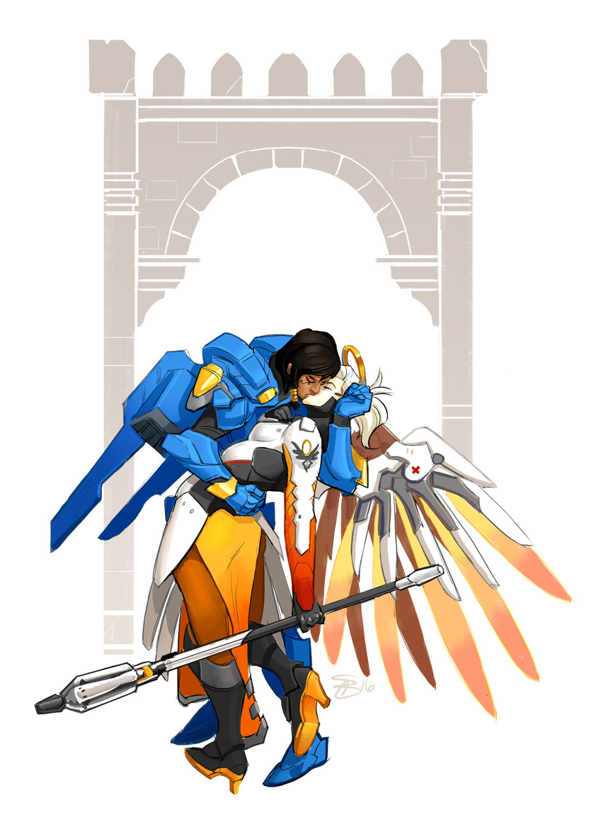 2girls adamnfiddle arch arched_back armor bent_over black_hair blonde_hair bodysuit closed_eyes dark_skin facial_mark facial_tattoo full_body gloves high_ponytail historical_event holding_staff hug kiss leaning_back leaning_forward long_hair mechanical_halo mechanical_wings mercy_(overwatch) mouth_to_mouth multiple_girls overwatch pantyhose pharah_(overwatch) pose power_armor signature simple_background sketch staff standing tattoo twisted_torso white_background wings yuri