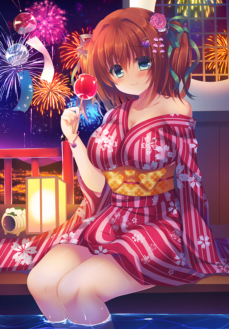 1girl blue_eyes blush breasts brown_hair candy_apple cleavage closed_mouth fireworks floral_print food green_ribbon hair_ornament hair_ribbon head_tilt holding holding_food japanese_clothes kanzashi kimono lantern obi off_shoulder original outdoors paper_lantern partially_submerged railing ribbon sash sitting sleeves_past_wrists smile soaking_feet solo suzune_rena twintails water wind_chime