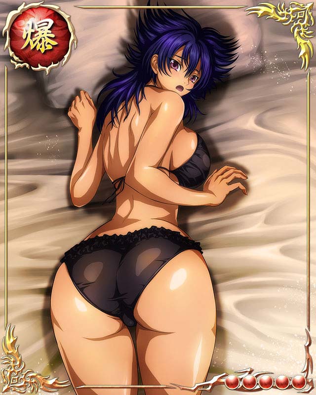 1girl ass back backboob bare_arms bare_legs bare_shoulders bastard!! bed bikini black_bikini blue_hair breasts card_(medium) from_behind kai_harn large_breasts legs long_hair looking_back lying mobage on_stomach parted_lips pillow shiny shiny_skin solo swimsuit thighs violet_eyes wavy_hair