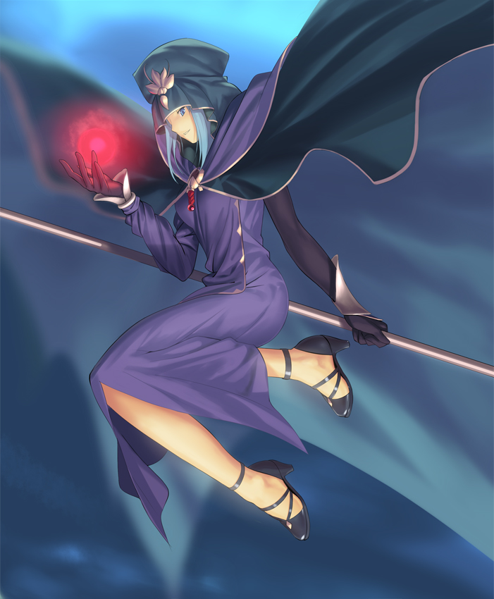 1girl blue_eyes blue_hair cape caster dress energy_ball fate/stay_night fate_(series) floating hat high_heels long_dress magic sandals solo staff tsukikanade