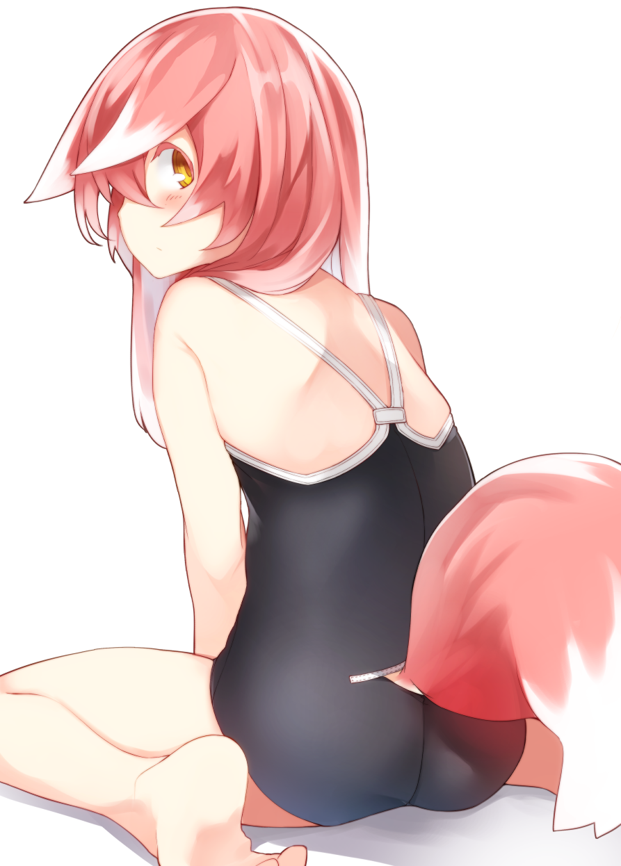 1girl animal_ears bare_legs bare_shoulders barefoot between_legs black_swimsuit blush competition_swimsuit ears_down fox_ears fox_tail from_behind haatia_(otokuyou) haegiwa hand_between_legs highres legs_apart looking_back one-piece_swimsuit original otokuyou pink_hair profile short_hair simple_background sitting soles solo swimsuit tail wariza white_background yellow_eyes