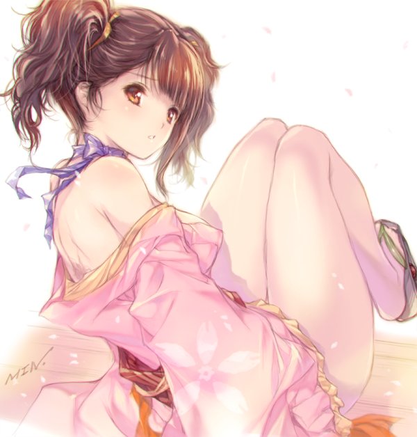 1girl :o artist_name bangs bare_legs bare_shoulders blunt_bangs breasts brown_eyes brown_hair from_behind geta hair_tie japanese_clothes kimono koutetsujou_no_kabaneri large_breasts legs_up long_sleeves looking_back min-naraken mumei_(kabaneri) no_legwear off_shoulder open_mouth sash shiny shiny_skin short_kimono short_twintails simple_background sitting solo twintails white_background wide_sleeves