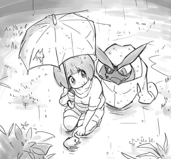 bowl_cut bush curious frog grass gyosone kill_la_kill kneeling looking_back mankanshoku_mako monochrome poking raincoat senketsu shorts sleeves_rolled_up smile tareme umbrella