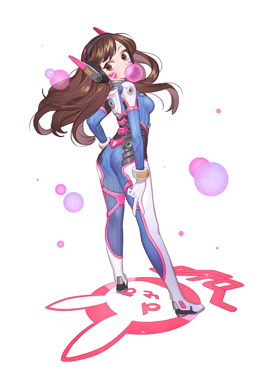 1girl armor ass bangs bodysuit boots breasts brown_eyes brown_hair bubble bubble_blowing bubblegum bunny_print character_name d.va_(overwatch) facepaint facial_mark from_behind from_side gloves gum gwayo hand_on_hip headphones high_collar highres long_hair looking_back medium_breasts overwatch pilot_suit rabbit shoulder_pads simple_background solo swept_bangs thigh-highs thigh_boots turtleneck v whisker_markings white_background white_boots white_gloves