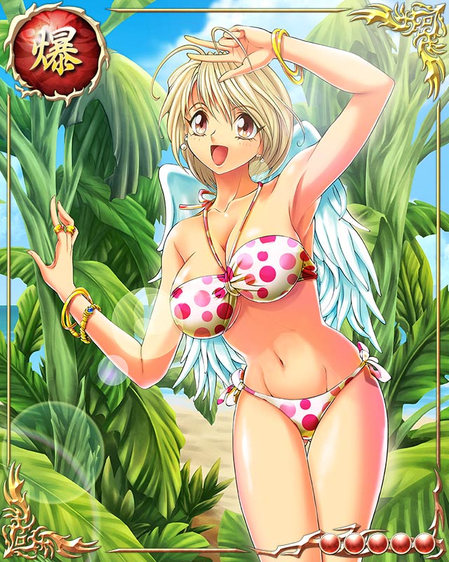 1girl angel angel_wings armpits bare_arms bare_legs bare_shoulders bastard!! beach bikini blonde_hair bracelet breasts card_(medium) earrings feathers gabriel_(bastard!!) happy jewelry large_breasts legs looking_at_viewer lots_of_jewelry mobage mound_of_venus navel open_mouth outdoors polka_dot polka_dot_bikini red_eyes shiny shiny_skin short_hair sky smile solo standing swimsuit thighs wings
