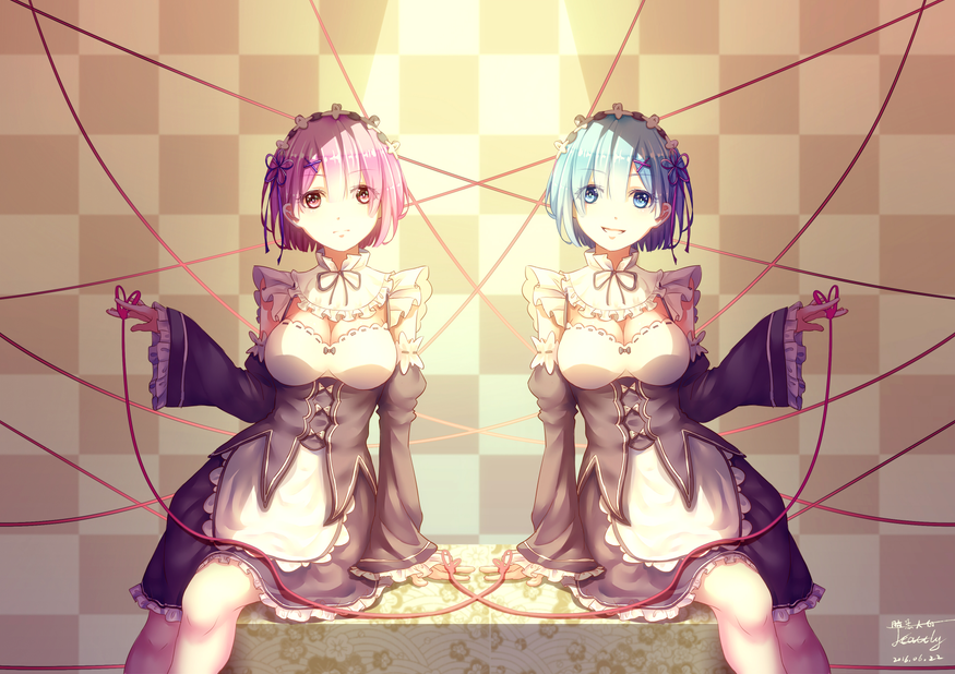 2016 2girls :d anhei_dabai arm_support blue_eyes blue_hair blush breasts checkered checkered_background cleavage closed_mouth dated detached_sleeves hair_ornament head_tilt long_sleeves looking_at_viewer maid maid_headdress medium_breasts multiple_girls number open_mouth pink_eyes pink_hair ram_(re:zero) re:zero_kara_hajimeru_isekai_seikatsu red_ribbon rem_(re:zero) ribbon shirt short_hair siblings signature sisters sitting skirt smile symmetry twins wide_sleeves x_hair_ornament