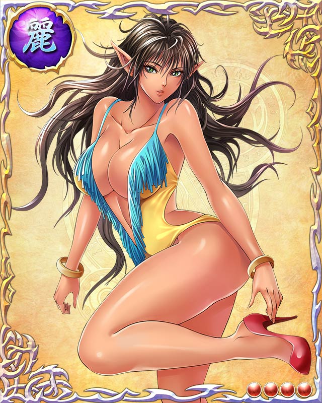 1girl armpits arshes_nei ass bare_arms bare_legs bare_shoulders bastard!! black_hair bracelet breasts card_(medium) cleavage dark_skin feet green_eyes high_heels jewelry large_breasts legs long_hair looking_at_viewer mobage parted_lips pointy_ears serious shiny shiny_skin simple_background solo swimsuit thighs
