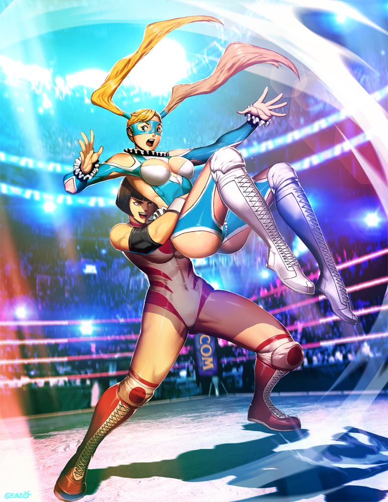 2girls black_hair breasts capcom cleavage cleavage_cutout crowd domino_mask genzoman leotard lifting_person mask multiple_girls official_art rainbow_mika stadium street_fighter street_fighter_v wrestling wrestling_outfit yamato_nadeshiko_(street_fighter)