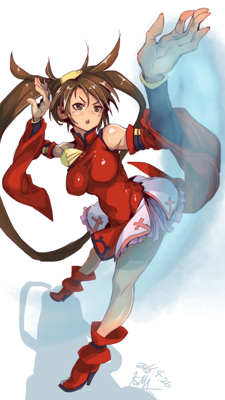 1girl ankle_boots bare_shoulders boots breasts brown_eyes brown_hair china_dress chinese_clothes detached_sleeves dress fighting_stance full_body guilty_gear hair_ring hair_tubes high_heels highres kuma_(jk0073) kuradoberi_jam long_hair miniskirt petticoat red_dress skirt solo twintails very_long_hair