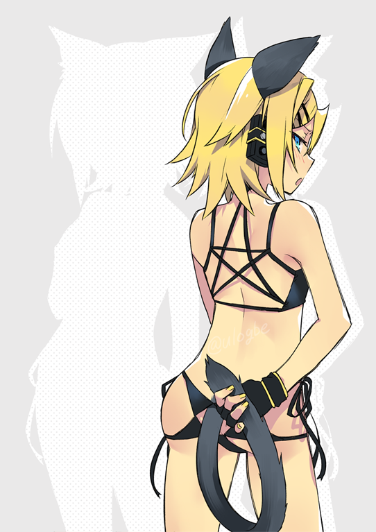1girl animal_ears arm_at_side ass bikini black_bikini black_gloves blonde_hair blue_eyes cat_ears cat_tail closed_mouth collarbone flat_chest from_behind gloves hair_ornament hairclip kagamine_rin kemonomimi_mode looking_at_viewer nail_polish navel number profile short_hair silhouette solo standing stomach swimsuit tail tattoo ulogbe vocaloid yellow_nails