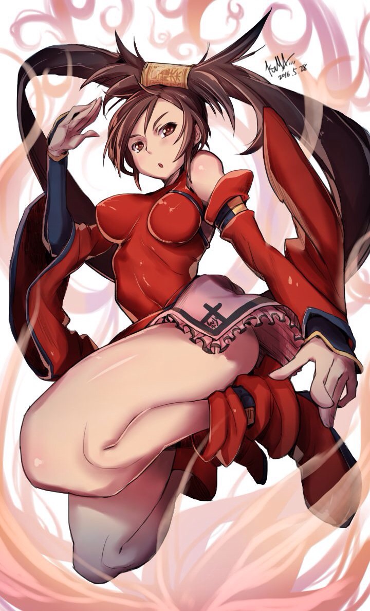 1girl ankle_boots ankle_cuffs bare_shoulders boots breasts brown_eyes brown_hair china_dress chinese_clothes detached_sleeves dress full_body guilty_gear hair_ring hair_tubes high_heels impossible_clothes impossible_dress jumping kuma_(jk0073) kuradoberi_jam long_hair red_dress smoke solo twintails unaligned_breasts very_long_hair wide_sleeves