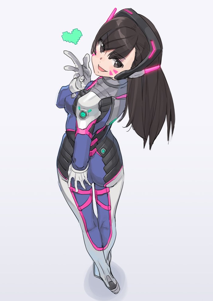 1girl armor ass bangs bodysuit boots breasts brown_eyes brown_hair d.va_(overwatch) eyebrows eyebrows_visible_through_hair facepaint facial_mark from_behind full_body gloves hand_on_own_ass headphones heart high_collar long_hair looking_back overwatch pilot_suit shoulder_pads simple_background solo ssberit swept_bangs thigh-highs thigh_boots turtleneck whisker_markings white_boots white_gloves