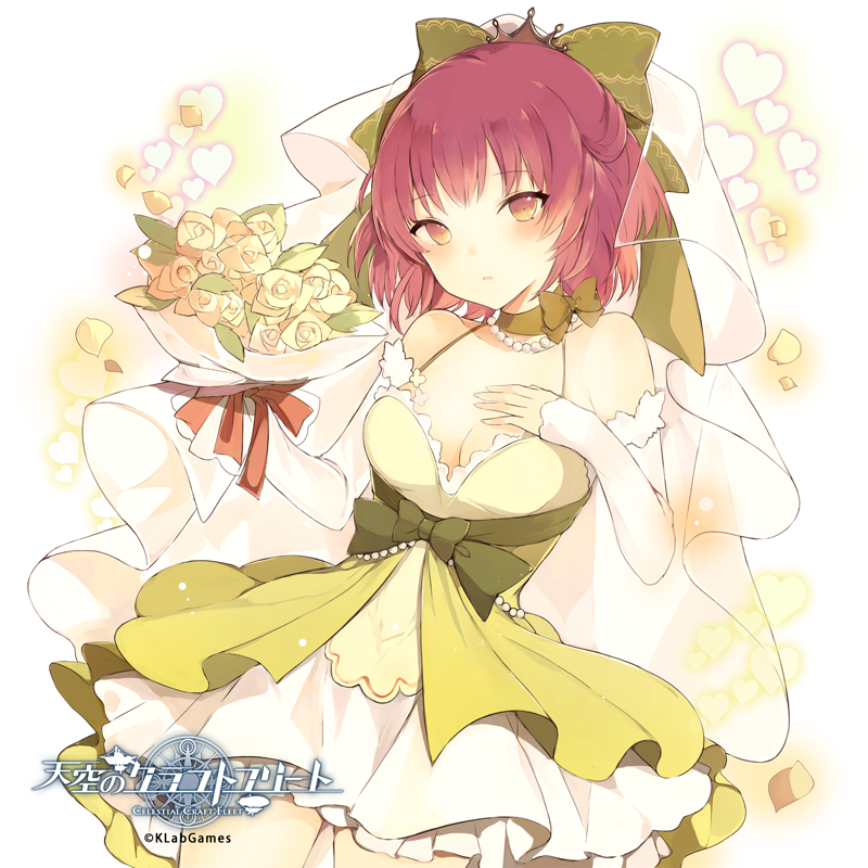 1girl arm_warmers blush bouquet bow bowtie breasts choker cleavage contrapposto copyright_name cowboy_shot crown dress eyebrows eyebrows_visible_through_hair flower green_bow green_bowtie green_dress hair_bow hand_on_own_chest jewelry looking_at_viewer lp_(hamasa00) lpip necklace official_art pearl_necklace petals purple_hair red_ribbon ribbon ribbon_choker rose rose_petals see-through short_hair sleeveless sleeveless_dress solo spaghetti_strap standing tenkuu_no_craft_fleet tenkuu_no_kurafuto_furito veil violet_eyes yellow_rose yellow_roses