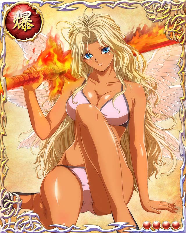 1girl angel angel_wings bare_arms bare_legs bare_shoulders bastard!! bikini blonde_hair blue_eyes breasts card_(medium) cleavage feathers feet fire holding holding_sword large_breasts legs long_hair looking_at_viewer magic michael_(bastard!!) mobage over_shoulder serious shiny shiny_skin simple_background sitting solo swimsuit sword thighs