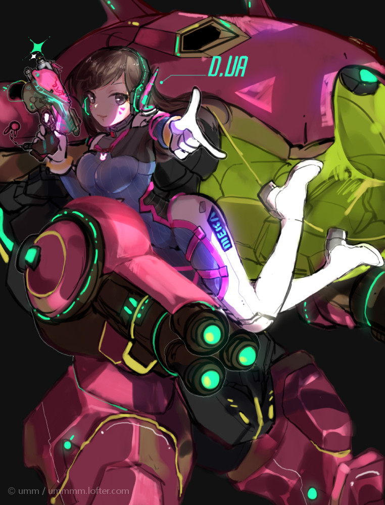 1girl arm_cannon armor artist_name bangs bodysuit boots breasts brown_eyes brown_hair bunny_print character_name d.va_(overwatch) facepaint facial_mark finger_gun gatling_gun gloves gun headphones high_collar high_heel_boots high_heels legs_up long_hair looking_at_viewer lying mecha meka_(overwatch) on_side overwatch pilot_suit pointing rabbit rmm shoulder_pads skin_tight smile solo swept_bangs thigh-highs thigh_boots turtleneck watermark weapon web_address whisker_markings white_boots white_gloves white_legwear