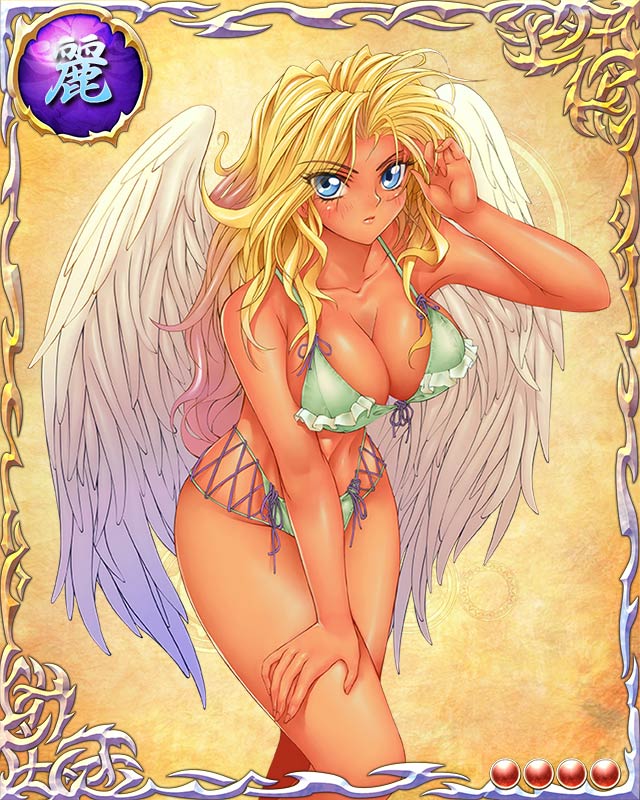 1girl angel angel_wings bare_arms bare_legs bare_shoulders bastard!! bikini blonde_hair blue_eyes breasts card_(medium) cleavage feathers large_breasts legs long_hair looking_at_viewer michael_(bastard!!) mobage serious simple_background solo standing swimsuit thighs