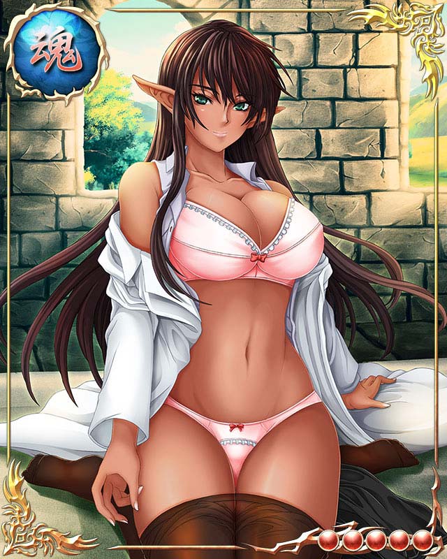 1girl arshes_nei bastard!! bed blue_eyes bra breasts brown_hair card_(medium) cleavage collared_shirt dark_skin feet indoors kneeling large_breasts legs long_hair mobage navel no_shoes open_clothes panties pantyhose pantyhose_pull pillow pointy_ears smile solo thighs underwear