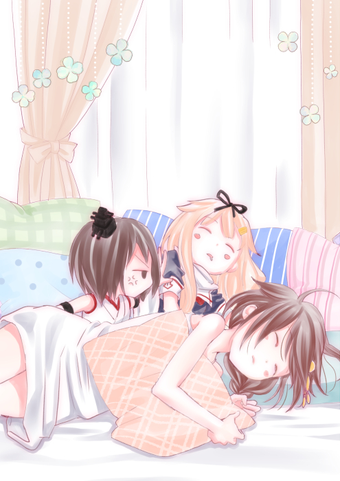 3girls anger_vein bare_shoulders black_hair black_ribbon black_serafuku blonde_hair brown_hair closed_eyes curtains dress drooling hair_flaps hair_ornament hair_ribbon hairclip headgear ishida_mia kantai_collection long_hair lying moving multiple_girls on_side open_mouth pillow polka_dot_pillow remodel_(kantai_collection) ribbon scarf school_uniform serafuku shigure_(kantai_collection) short_hair short_sleeves sleeping sleeveless sleeveless_dress striped striped_pillow vertical_stripes white_scarf yamashiro_(kantai_collection) yuudachi_(kantai_collection)