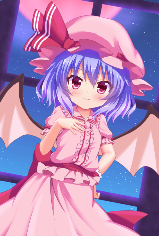 1girl bat_wings blue_hair blush bow hakuto_(28syuku) hand_on_hip hand_on_own_chest hat hat_bow mob_cap moon red_eyes red_moon remilia_scarlet short_hair skirt skirt_set solo touhou wings