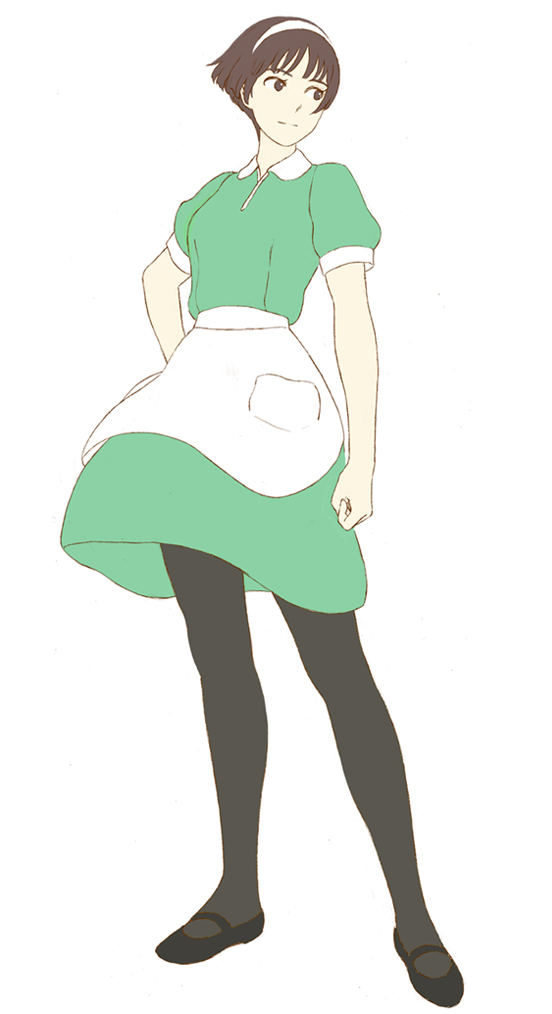 1girl apron brown_eyes brown_hair dress female flat_color full_body gake_no_ue_no_ponyo hairband hand_on_hip jas looking_to_the_side pantyhose risa_(ponyo) simple_background solo white_background