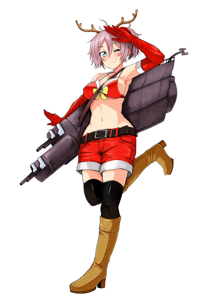1girl ;) alternate_costume antlers aoba_(kantai_collection) arm_up armpits bare_shoulders belt black_legwear blue_eyes blush boots breasts brown_boots christmas elbow_gloves fake_horns gloves hair_between_eyes kantai_collection knee_boots leg_up looking_at_viewer medium_breasts messy_hair midriff miyoshi_(triple_luck) navel one_eye_closed pink_hair ponytail red_gloves reindeer_antlers ribbon salute scrunchie shorts simple_background smile solo standing standing_on_one_leg thigh-highs turret yellow_ribbon zettai_ryouiki