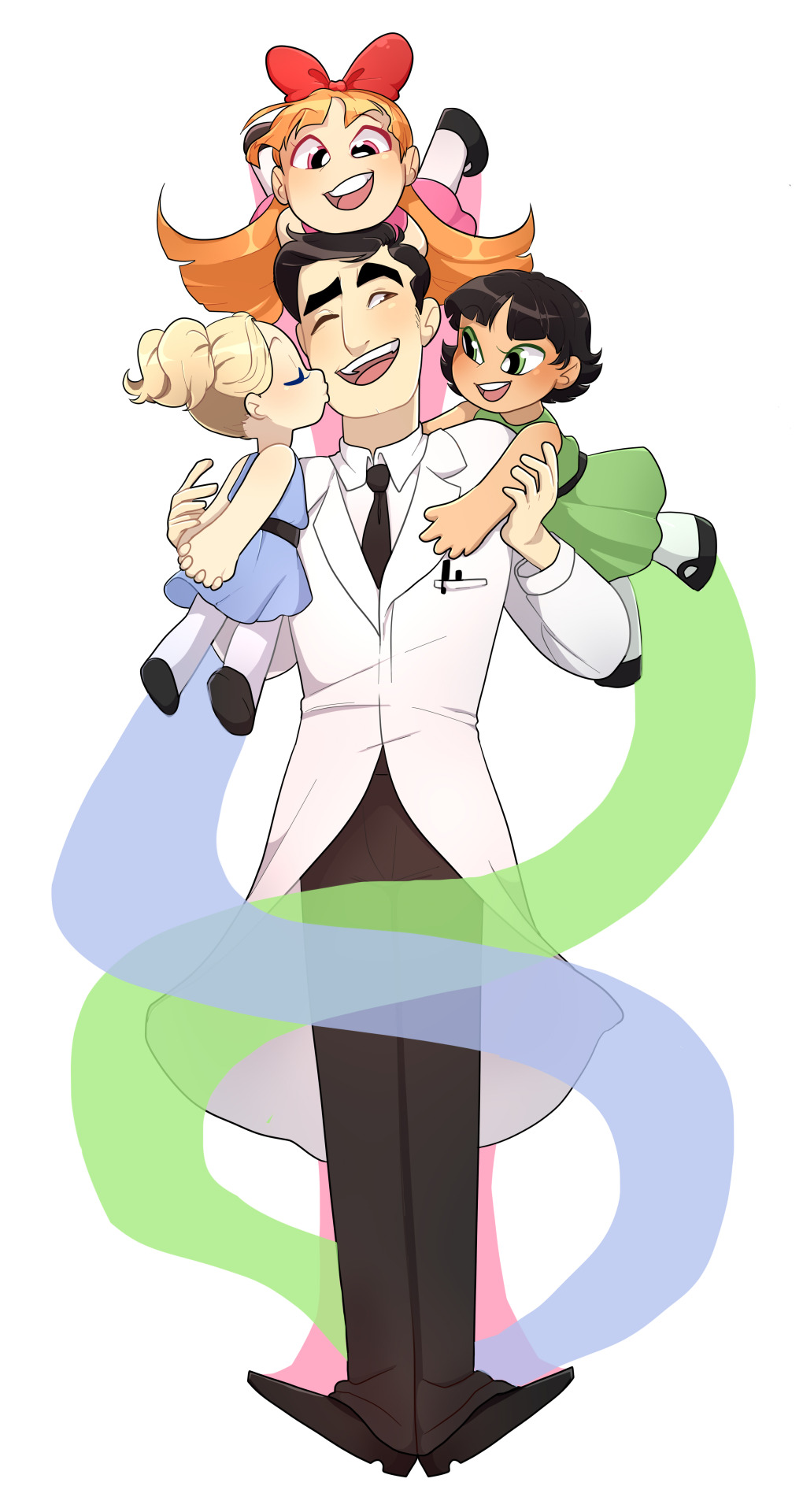 1boy 3girls bangs black_hair blonde_hair blossom_(ppg) blue_eyes blunt_bangs blush bow brown_eyes bubbles_(ppg) buttercup_(ppg) cheek_kiss eyebrows father_and_daughter flipped_hair girl_sandwich green_eyes hair_bow highres kiss labcoat long_hair looking_at_another multiple_girls one_eye_closed open_mouth pink_eyes powerpuff_girls professor_utonium redhead ringed_eyes sandwiched short_twintails siblings sisters tan tan_skin thick_eyebrows twintails